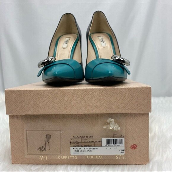 Prada Women's Capretto Turchese Silver Accent Pointed Toe Bicolor Pumps‎ EU 37.5 - Picture 10 of 11